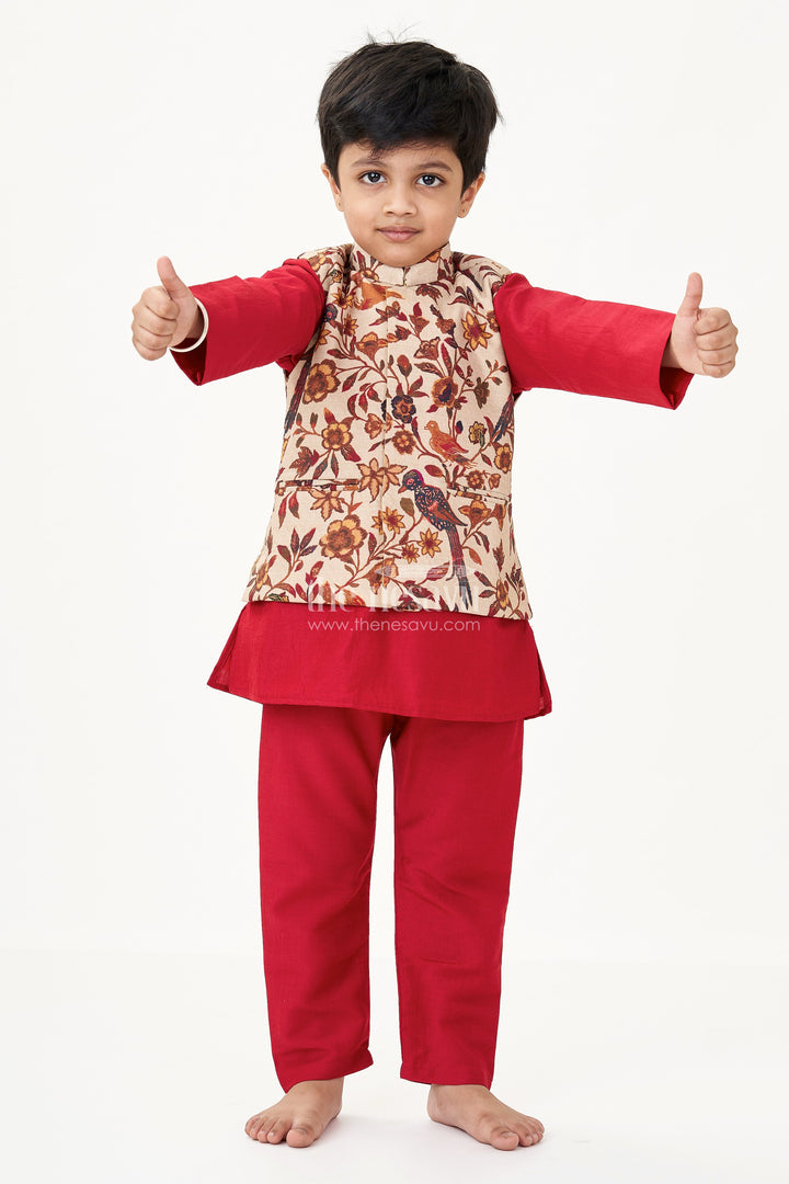 The Nesavu Boys Kurtha Set Magenta Kurta Set for Boys with Silk Blend Digital Print Jacket and Matching Pant Nesavu Magenta Kurta Boys Silk Blend Printed Jacket Traditional Pant Set | The Nesavu