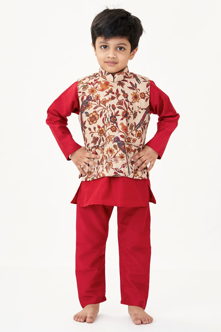 The Nesavu Boys Kurtha Set Magenta Kurta Set for Boys with Silk Blend Digital Print Jacket and Matching Pant Nesavu Magenta Kurta Boys Silk Blend Printed Jacket Traditional Pant Set | The Nesavu