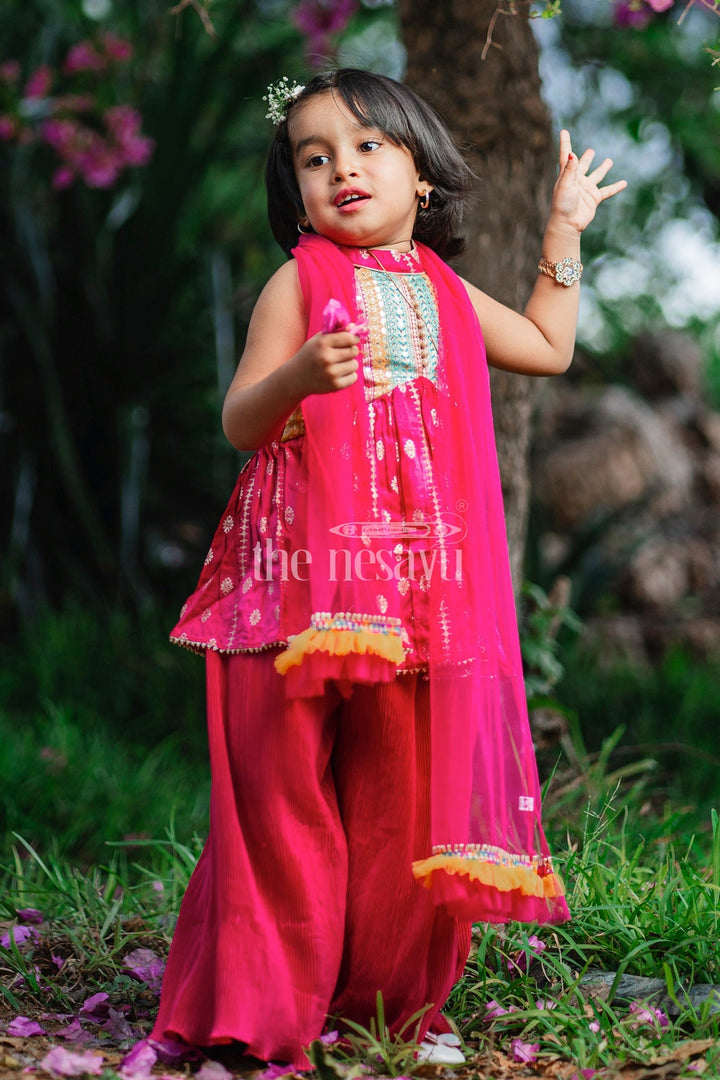 The Nesavu Girls Sharara / Plazo Set Magenta Pure Viscose Silk Girls Sharara Set with Embroidered Blouse and Dupatta Nesavu 16 (1Y) / Magenta GPS441A-16 Nesavu Magenta Girls Sharara Set Mirror Work Blouse Dupatta Weddings