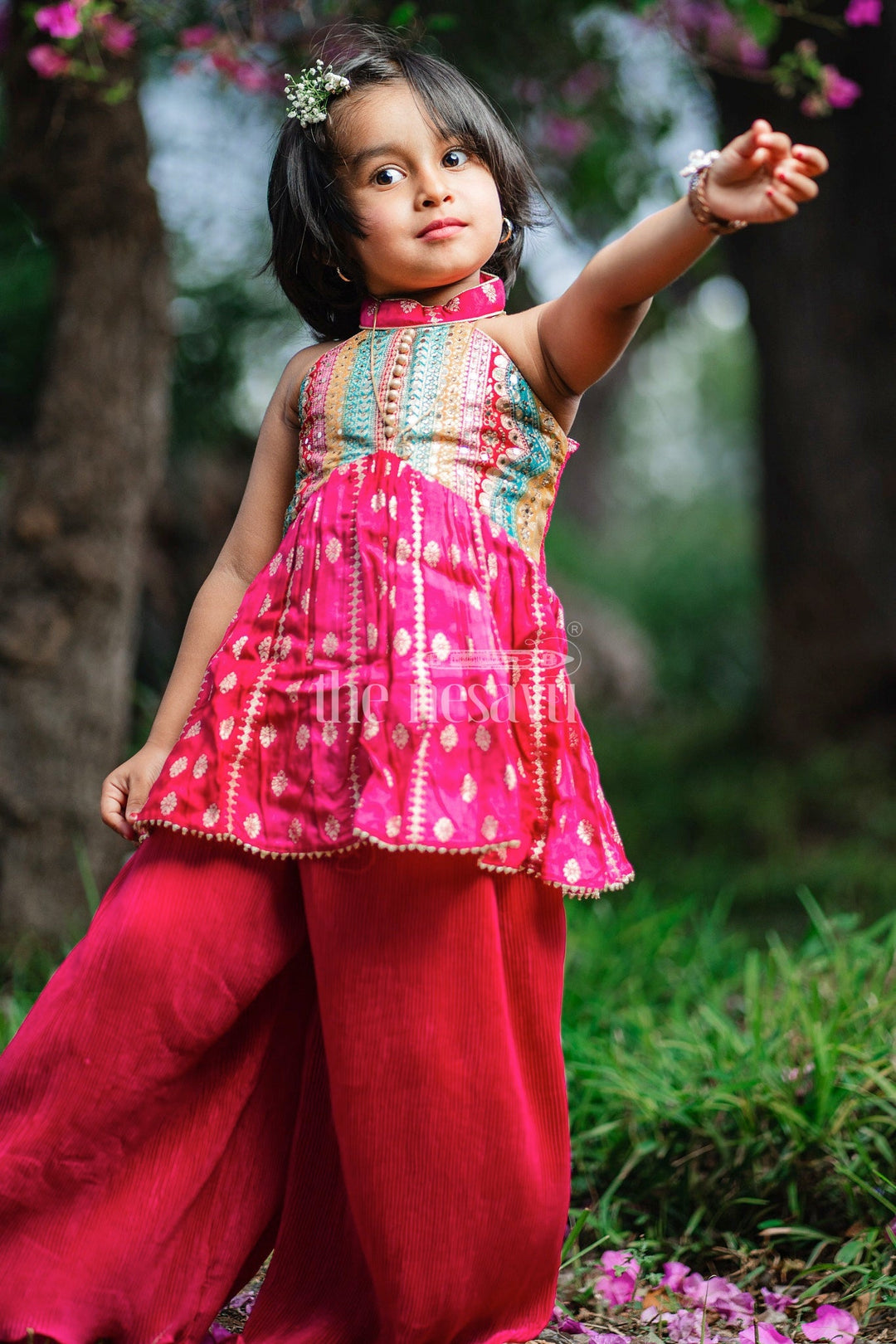 The Nesavu Girls Sharara / Plazo Set Magenta Pure Viscose Silk Girls Sharara Set with Embroidered Blouse and Dupatta Nesavu Nesavu Magenta Girls Sharara Set Mirror Work Blouse Dupatta Weddings