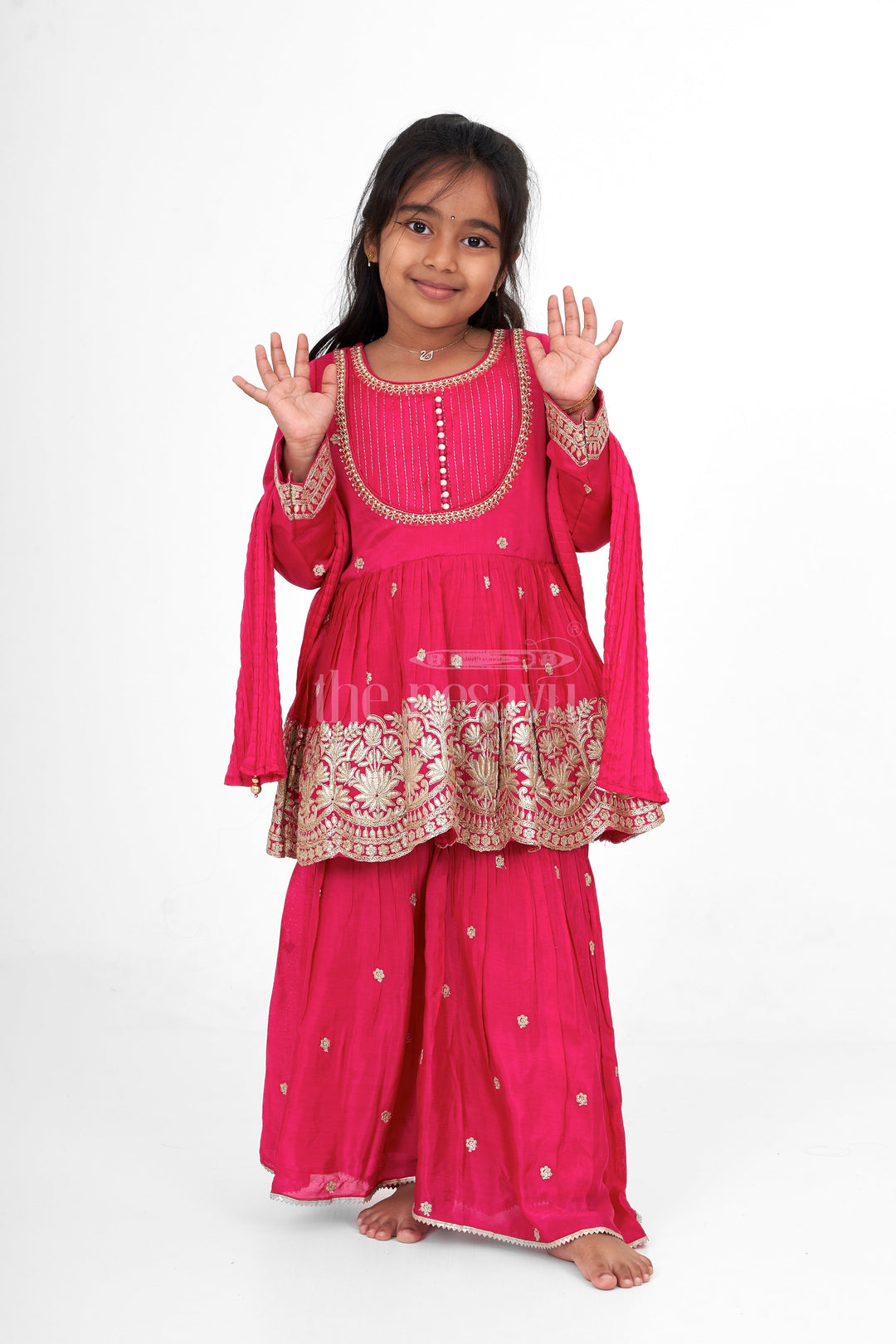 The Nesavu Girls Sharara / Plazo Set Magenta Sharara Set for Girls with Embroidered Long Tunic and Pleated Pants Nesavu 16 (1Y) / Red GPS429A-16 Nesavu Magenta Sharara Set Girls Gold Embroidery Three-Quarter Sleeves