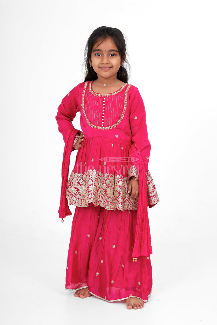 The Nesavu Girls Sharara / Plazo Set Magenta Sharara Set for Girls with Embroidered Long Tunic and Pleated Pants Nesavu Nesavu Magenta Sharara Set Girls Gold Embroidery Three-Quarter Sleeves