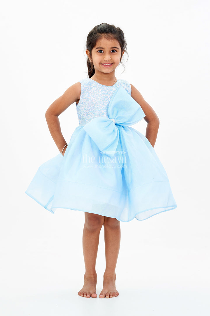 The Nesavu Girls Tutu Frock Magical Pari Frock for Girls with Shimmering Blue Net and Oversized Bow Nesavu 16 (1Y) / Blue PF201A-16 Magical Pari Frock Girls Shimmering Blue Net Oversized Bow | The Nesavu