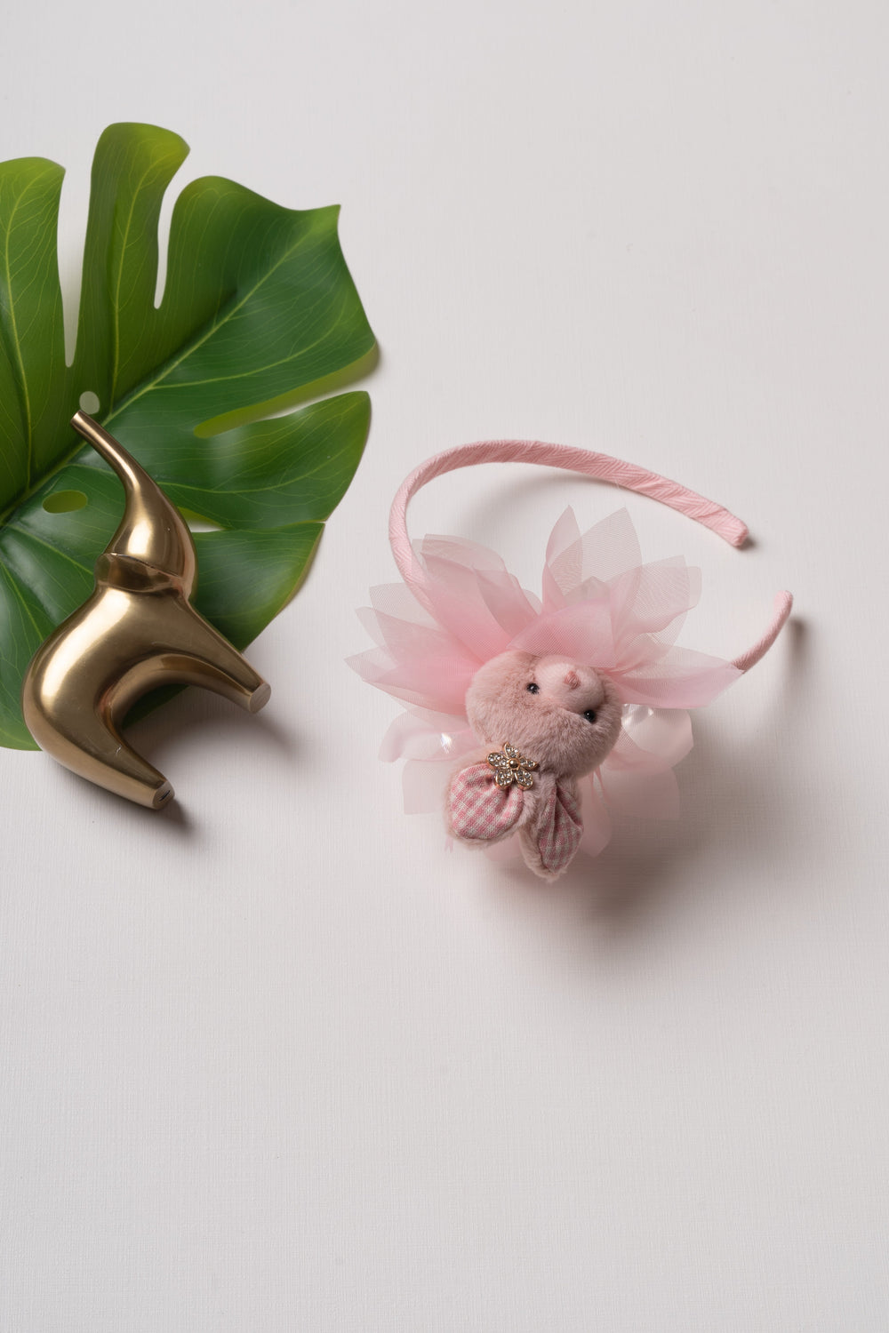 The Nesavu Hair Band Magical Pink Bunny Tulle Hairbow with Gingham Detail Nesavu Pink JHB80E Cute Bunny Hairbow with Pink Tulle | Perfect Springtime Hair Accessory | The Nesavu