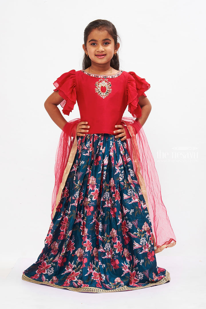 The Nesavu Girls Lehenga Choli Majestic Ethnic Floral Lehenga Choli with Modern Pink Blouse for Girls Nesavu Buy Girls Ethnic Floral Lehenga Choli Online | Modern Lehenga Designs | The Nesavu