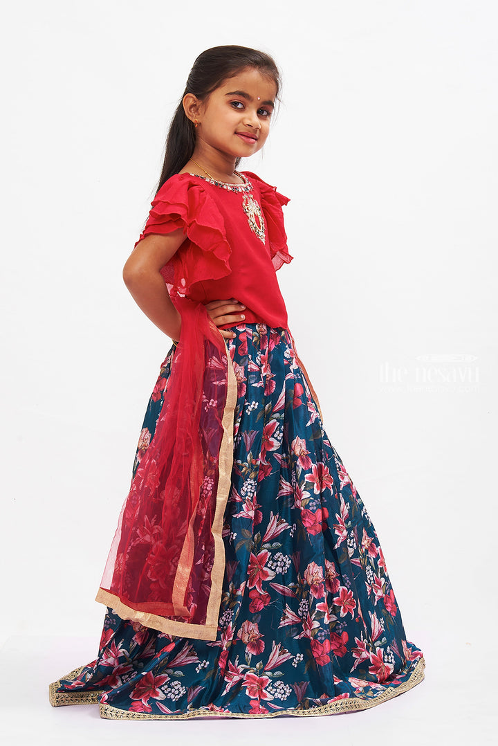 The Nesavu Girls Lehenga Choli Majestic Ethnic Floral Lehenga Choli with Modern Pink Blouse for Girls Nesavu Buy Girls Ethnic Floral Lehenga Choli Online | Modern Lehenga Designs | The Nesavu