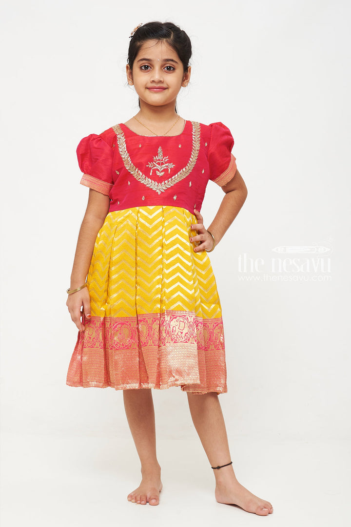 The Nesavu Silk Party Frock Majestic Maroon and Yellow Pattu Silk Frock: Intricate Gold Embroidery with Chevron for Girls Nesavu Maroon and Yellow Pattu Silk Frock | Chevron Pattern & Banarasi Border | Traditional Festive Wear for Girls | The Nesavu