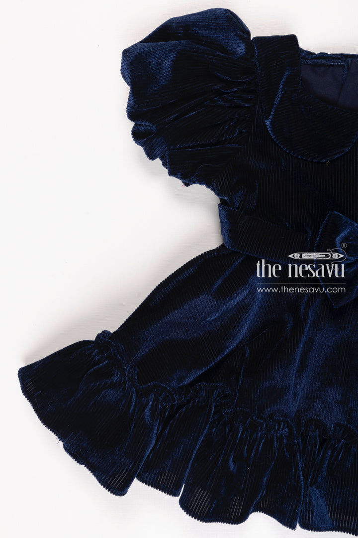 The Nesavu Girls Fancy Frock Majestic Midnight Blue Velvet Frock for Girls Elegant Party Wear Nesavu Kids Blue Velvet Dress | Elegant Girls Party Frock | Stylish Children s Evening Wear | The Nesavu