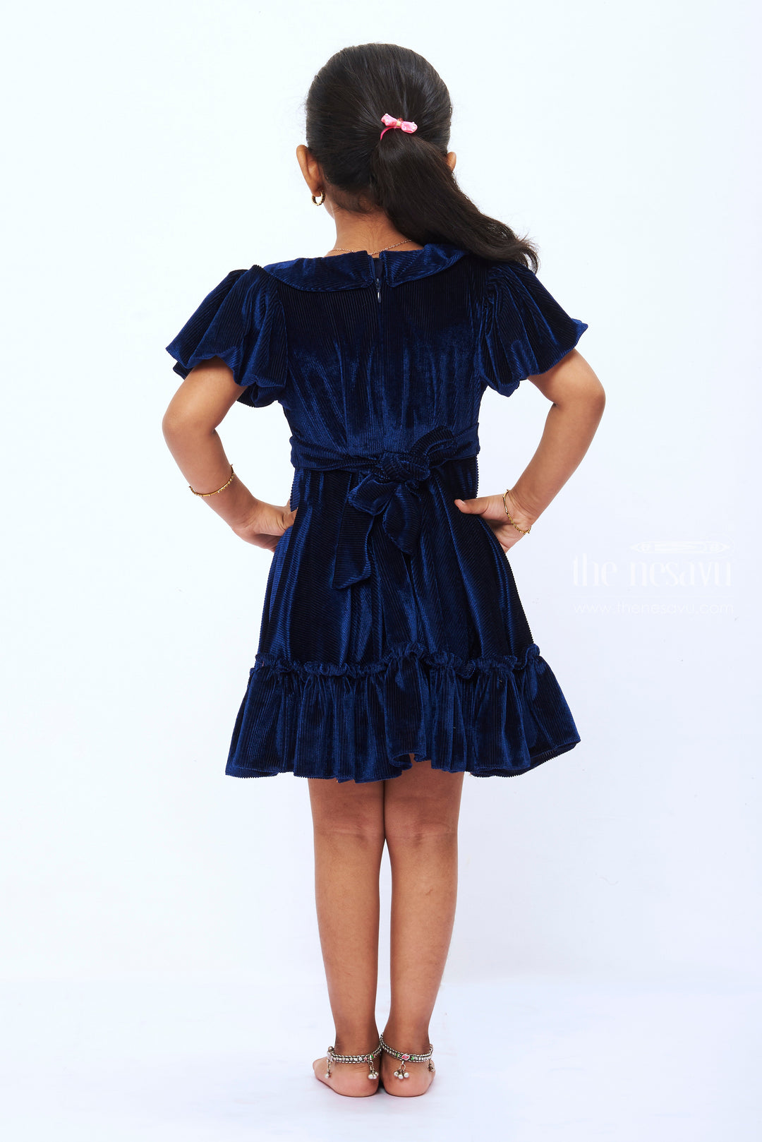 The Nesavu Girls Fancy Frock Majestic Midnight Blue Velvet Frock for Girls Elegant Party Wear Nesavu Kids Blue Velvet Dress | Elegant Girls Party Frock | Stylish Children s Evening Wear | The Nesavu