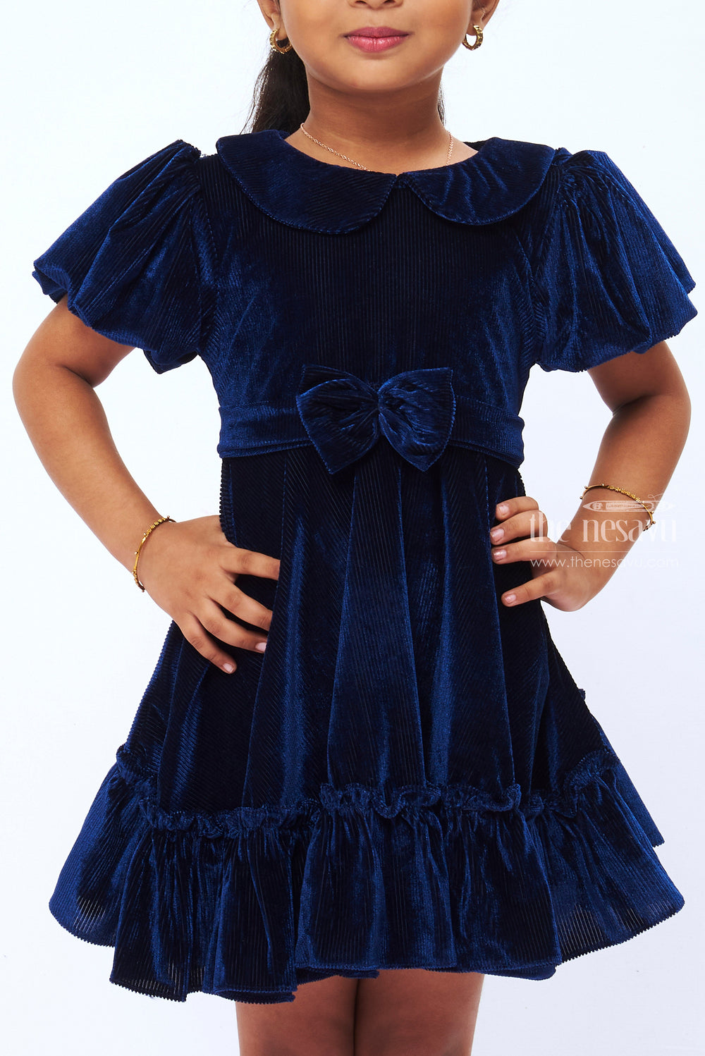 The Nesavu Girls Fancy Frock Majestic Midnight Blue Velvet Frock for Girls Elegant Party Wear Nesavu Kids Blue Velvet Dress | Elegant Girls Party Frock | Stylish Children s Evening Wear | The Nesavu