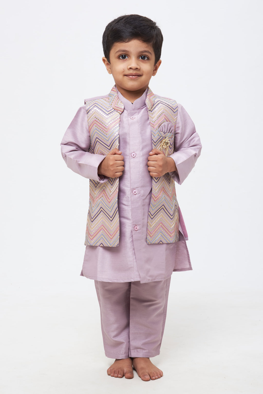 The Nesavu Boys Jacket Sets Majestic Mosaic: Boys Purple Kurta with Sequin Embroidered Jacket Nesavu 12 (3M) / Purple / Silk Blend BES422B-12 Traditional Elegance Redefined | Boys Kurta Shirt with Classic Pant | The Nesavu