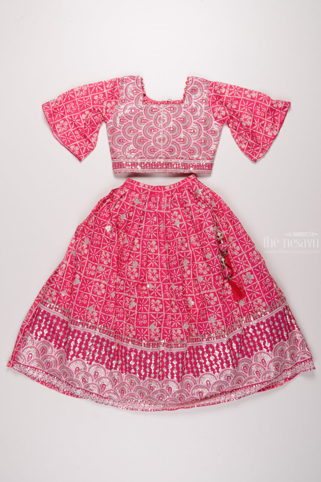 The Nesavu Girls Lehenga Choli Majestic Mosaic: Geometric Sequin Embroidered Pink Lehenga Choli Set for Girls Nesavu 24 (5Y) / Pink / Chinnon GL385A-24 Illuminate the Festivities | Traditional Lehenga Choli for Girls | The Nesavu