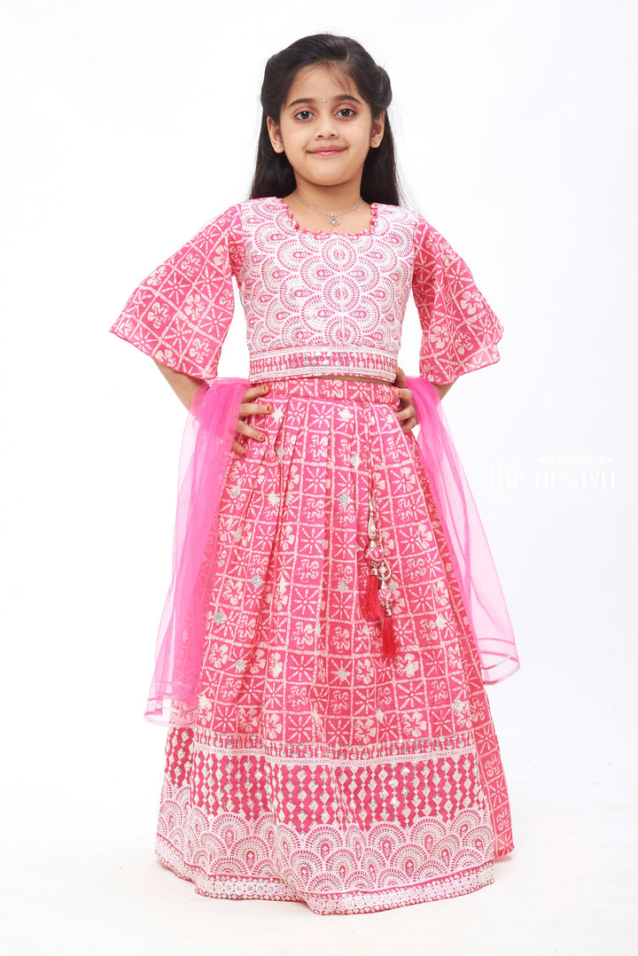 The Nesavu Girls Lehenga Choli Majestic Mosaic: Geometric Sequin Embroidered Pink Lehenga Choli Set for Girls Nesavu 24 (5Y) / Pink / Chinnon GL385A-24 Illuminate the Festivities | Traditional Lehenga Choli for Girls | The Nesavu