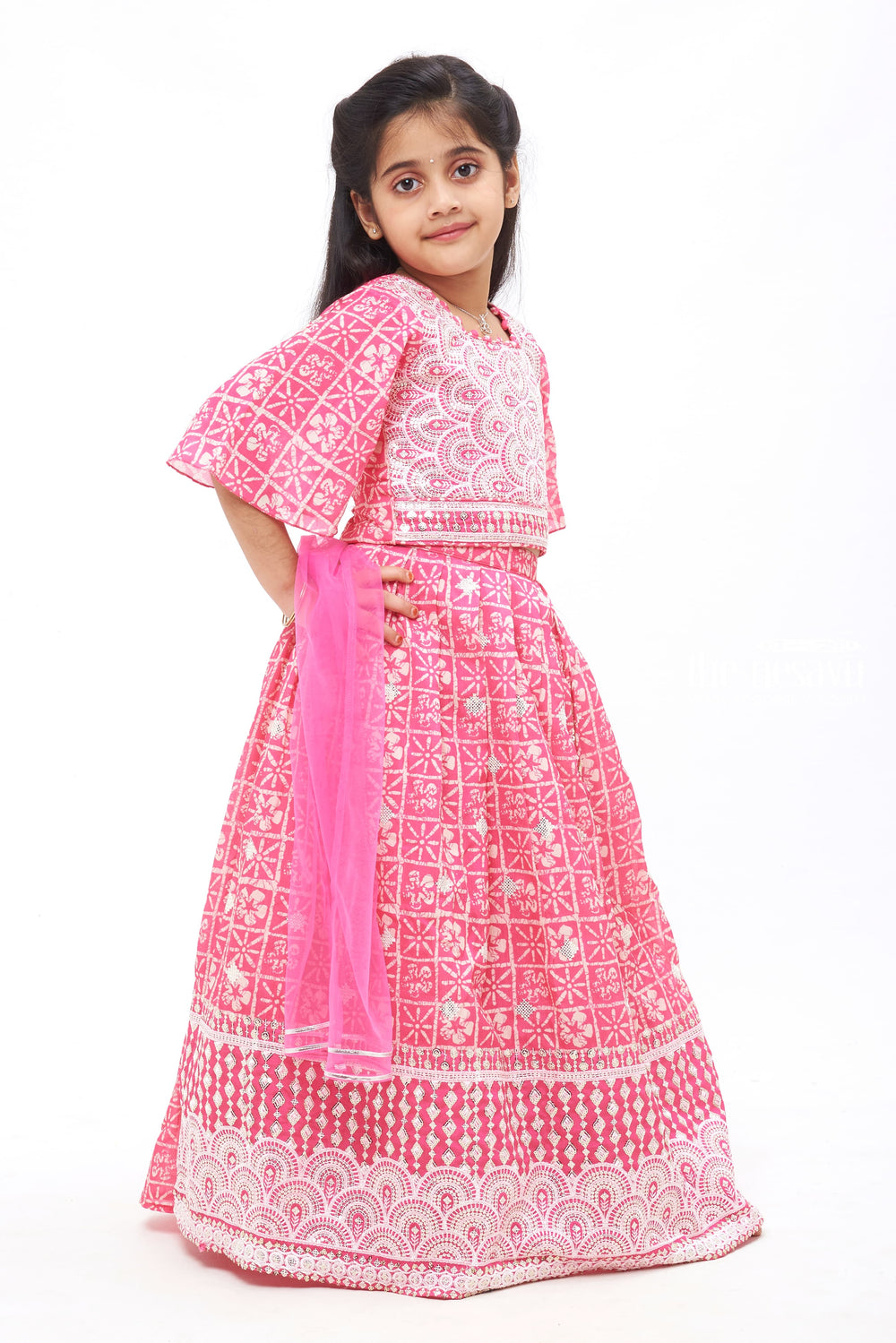 The Nesavu Girls Lehenga Choli Majestic Mosaic: Geometric Sequin Embroidered Pink Lehenga Choli Set for Girls Nesavu Illuminate the Festivities | Traditional Lehenga Choli for Girls | The Nesavu