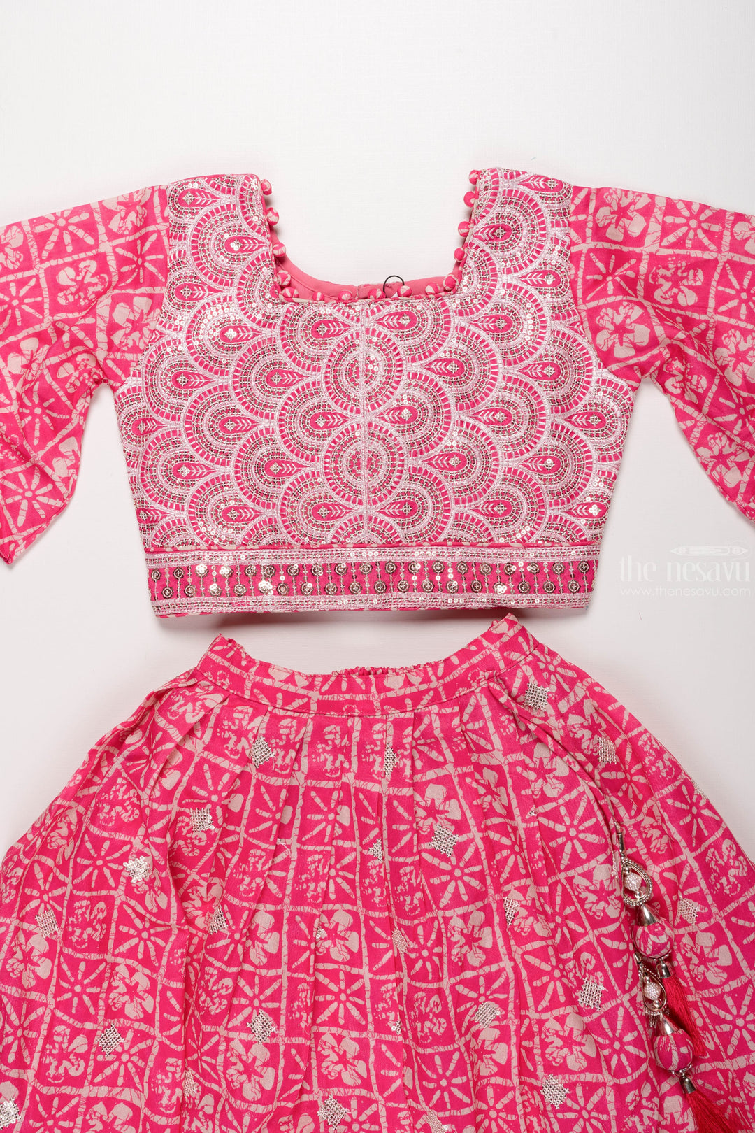 The Nesavu Girls Lehenga Choli Majestic Mosaic: Geometric Sequin Embroidered Pink Lehenga Choli Set for Girls Nesavu Illuminate the Festivities | Traditional Lehenga Choli for Girls | The Nesavu