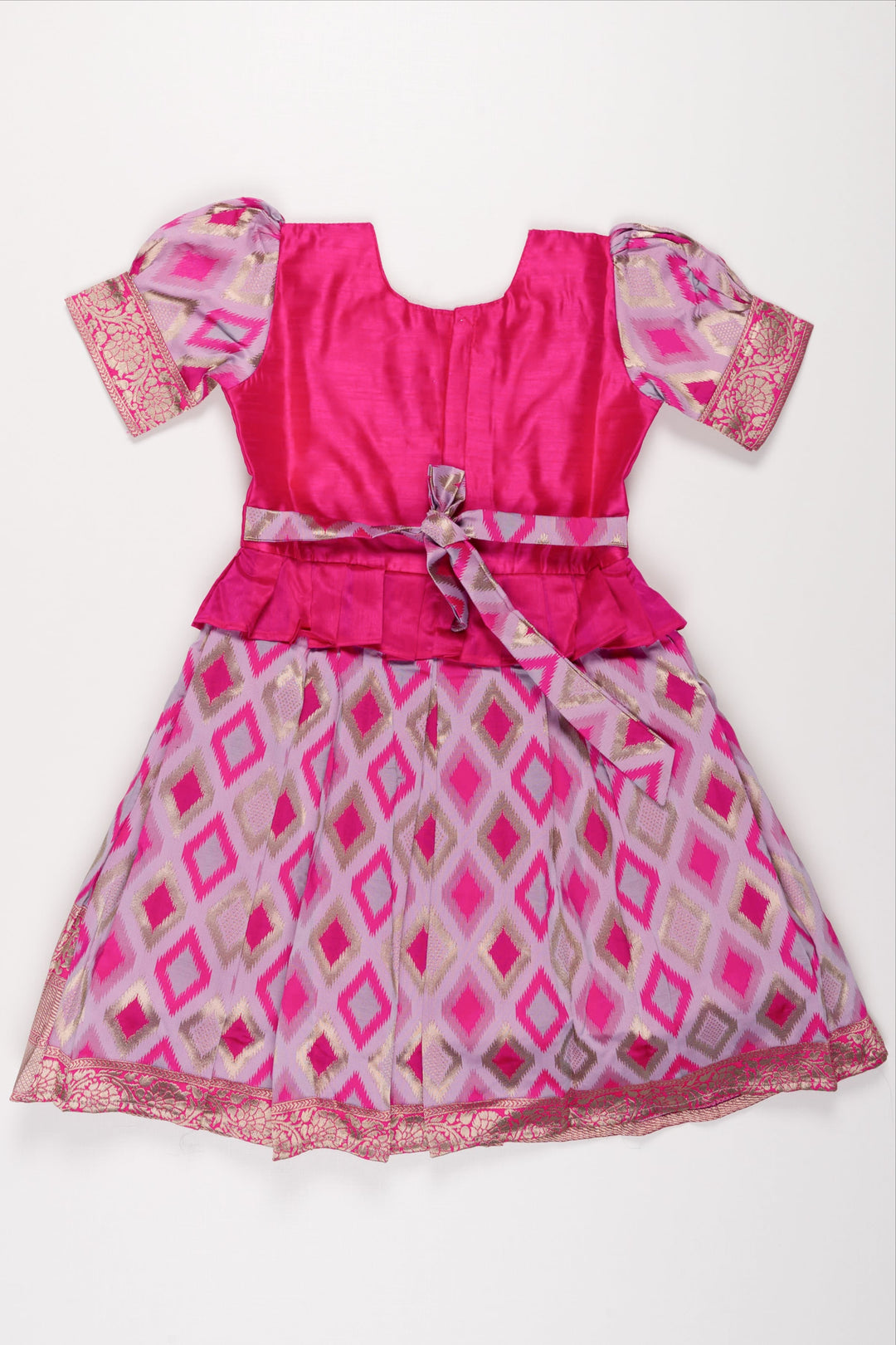 The Nesavu Silk Party Frock Majestic Pink Silk Frock with Geometric Ikat Skirt for Girls Nesavu Girls Pink Silk Frock with Ikat Print | Elegant Festive Wear | The Nesavu