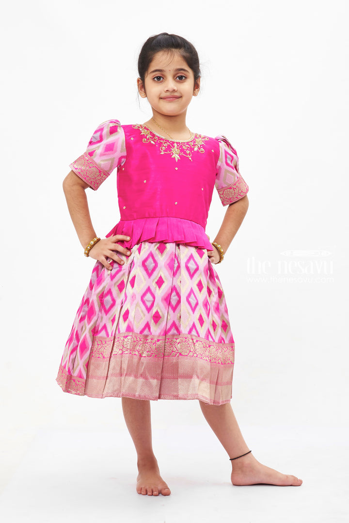 The Nesavu Silk Party Frock Majestic Pink Silk Frock with Geometric Ikat Skirt for Girls Nesavu Girls Pink Silk Frock with Ikat Print | Elegant Festive Wear | The Nesavu