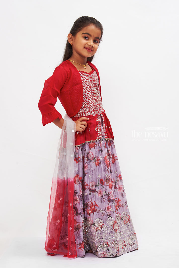 The Nesavu Girls Lehenga Choli Majestic Ruby Floral Lehenga Choli with Dupatta: A Festive Ensemble for Girls Nesavu Ruby Floral Girls Lehenga Choli | Traditional Festive Wear with Dupatta | The Nesavu