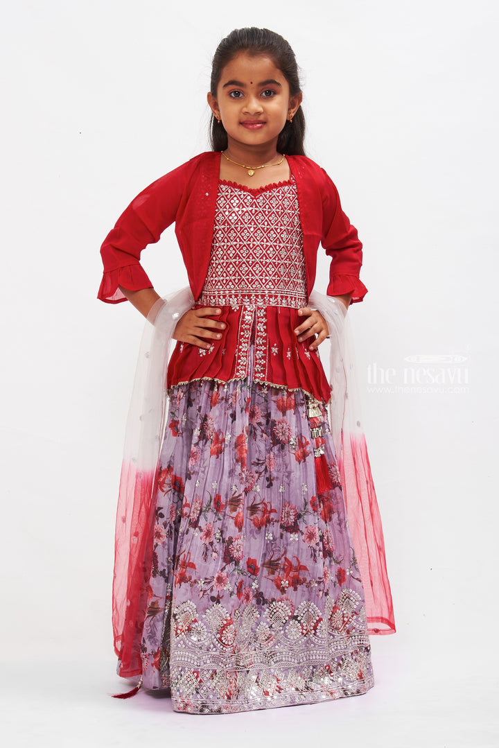 The Nesavu Girls Lehenga Choli Majestic Ruby Floral Lehenga Choli with Dupatta: A Festive Ensemble for Girls Nesavu Ruby Floral Girls Lehenga Choli | Traditional Festive Wear with Dupatta | The Nesavu