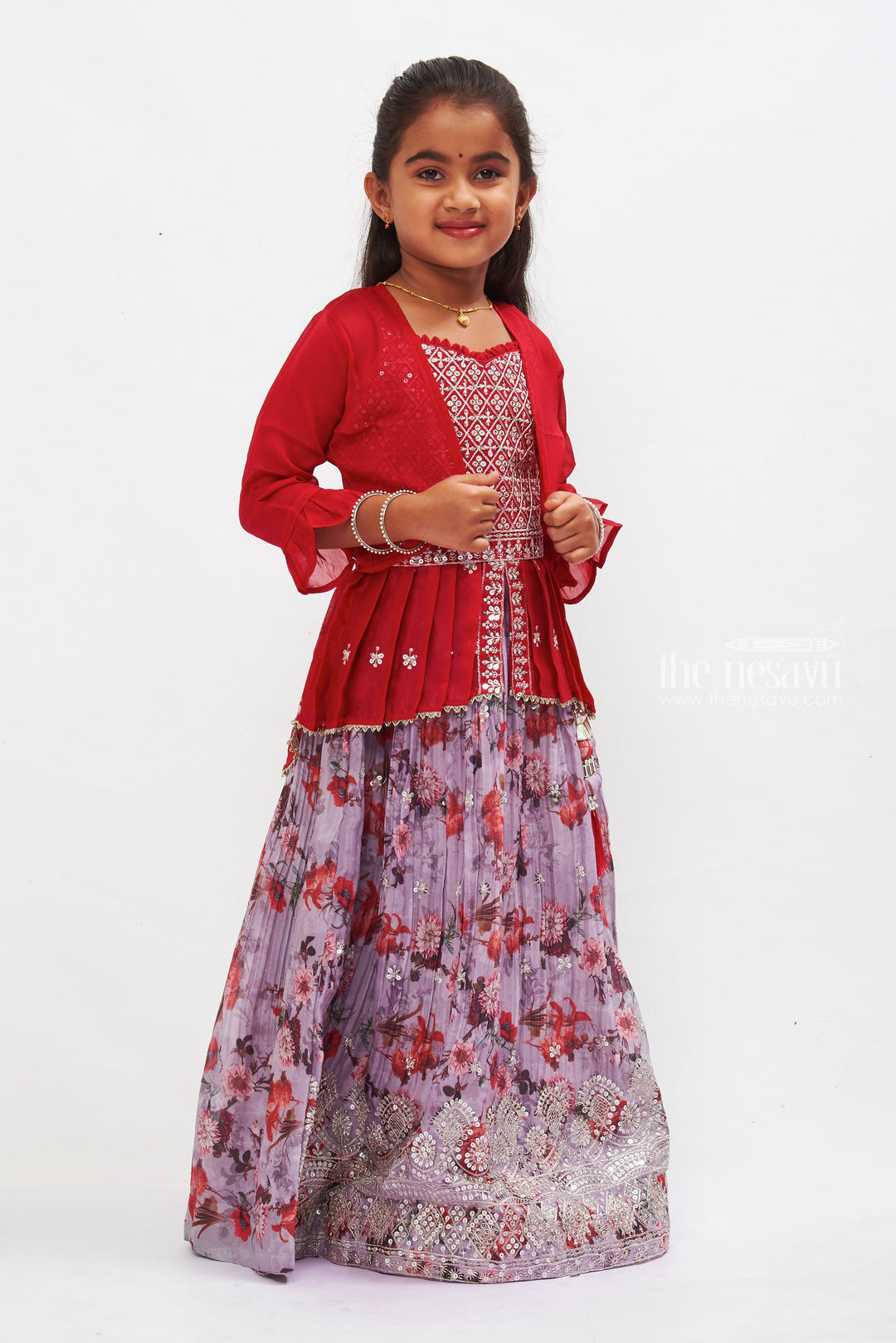 The Nesavu Girls Lehenga Choli Majestic Ruby Floral Lehenga Choli with Dupatta: A Festive Ensemble for Girls Nesavu Ruby Floral Girls Lehenga Choli | Traditional Festive Wear with Dupatta | The Nesavu