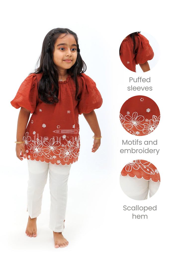 The Nesavu Girls Sharara / Plazo Set Maroon and Cream Kurta with Straight Pants for Girls Nesavu Maroon and Cream Kurta with Straight Pants for Girls - Nesavu