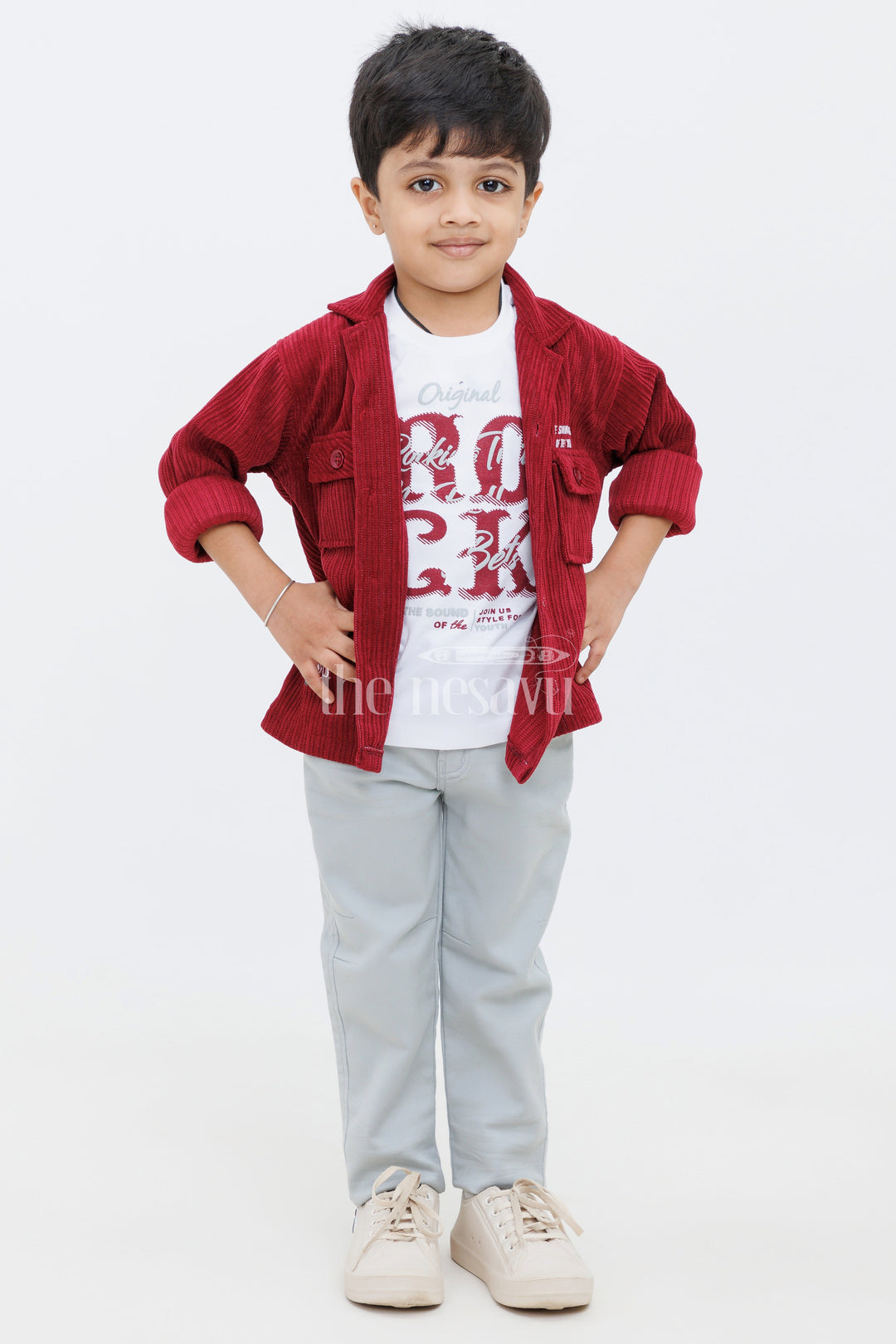 The Nesavu Boys Blazer Set Maroon and Gray Boys ThreePiece Blazer Set with Corduroy Shirt for Casual Wear Nesavu 22 (4Y) / Gray BCS129A-22 Maroon and Gray Boys Three-Piece Blazer Set with Corduroy Shirt Nesavu