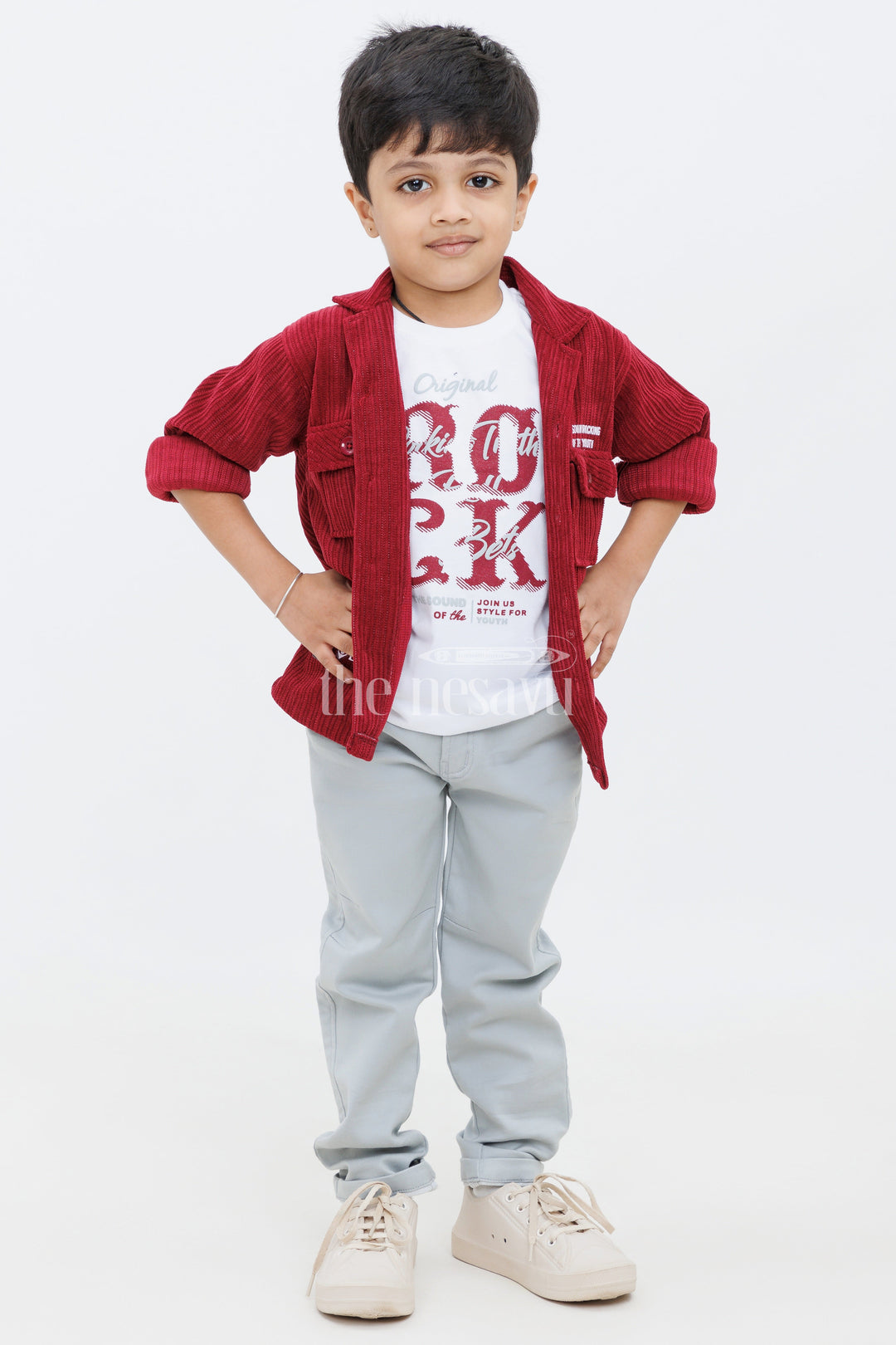 The Nesavu Boys Blazer Set Maroon and Gray Boys ThreePiece Blazer Set with Corduroy Shirt for Casual Wear Nesavu Maroon and Gray Boys Three-Piece Blazer Set with Corduroy Shirt Nesavu