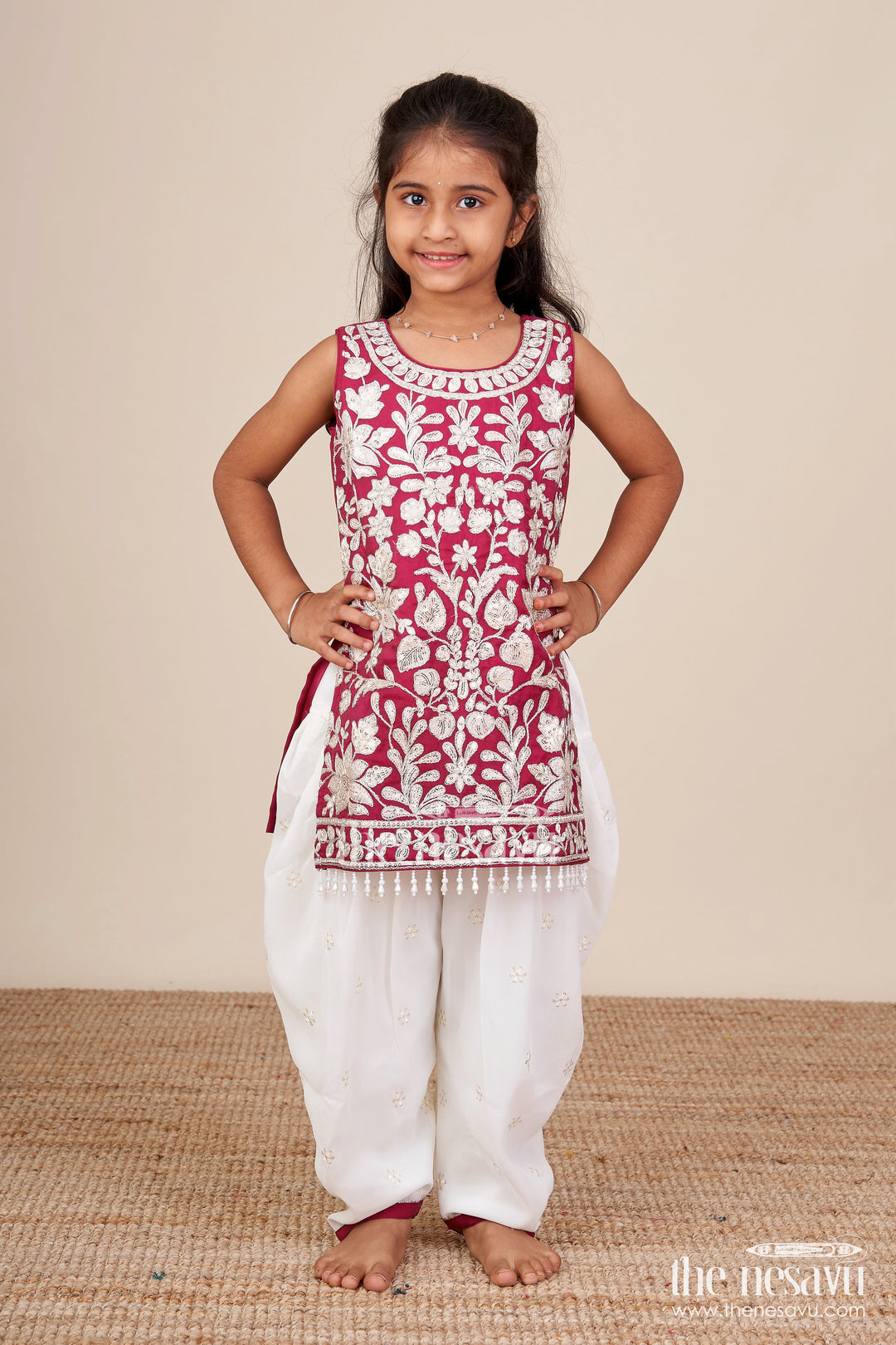The Nesavu Girls Dothi Sets Maroon and Ivory Embroidered Ethnic Kurti Set Nesavu 18 (2Y) / Red GPS754B-18 Nesavu maroon embroidered kurti dhoti pants  festive wear girls