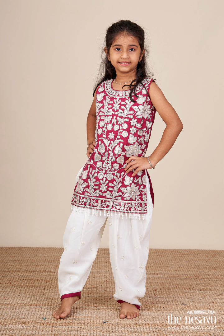 The Nesavu Girls Dothi Sets Maroon and Ivory Embroidered Ethnic Kurti Set Nesavu Nesavu maroon embroidered kurti dhoti pants  festive wear girls