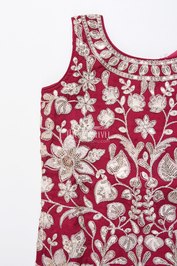 The Nesavu Girls Dothi Sets Maroon and Ivory Embroidered Ethnic Kurti Set Nesavu Nesavu maroon embroidered kurti dhoti pants  festive wear girls