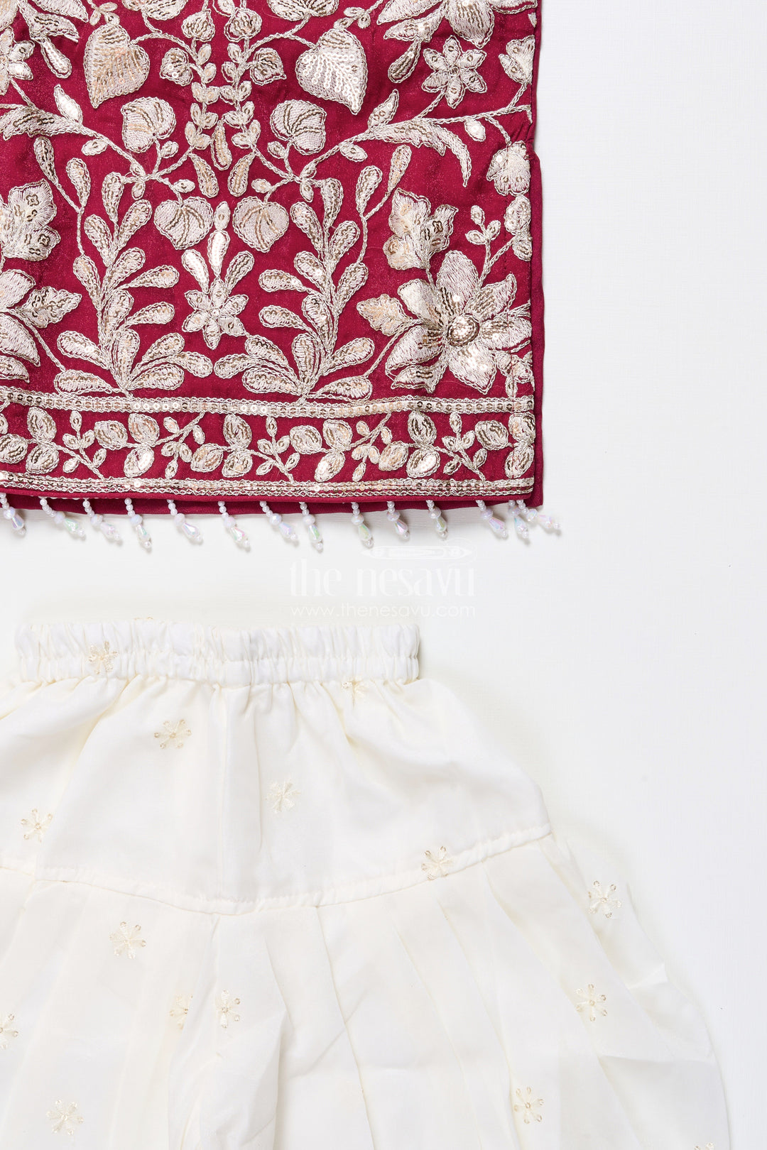 The Nesavu Girls Dothi Sets Maroon and Ivory Embroidered Ethnic Kurti Set Nesavu Nesavu maroon embroidered kurti dhoti pants  festive wear girls