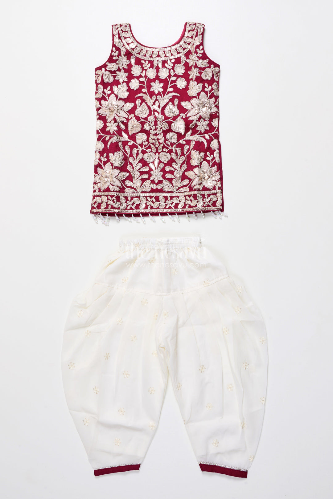 The Nesavu Girls Dothi Sets Maroon and Ivory Embroidered Ethnic Kurti Set Nesavu Nesavu maroon embroidered kurti dhoti pants  festive wear girls