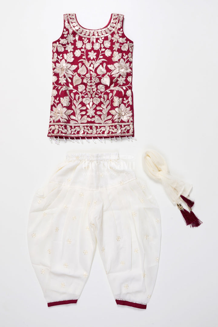 The Nesavu Girls Dothi Sets Maroon and Ivory Embroidered Ethnic Kurti Set Nesavu Nesavu maroon embroidered kurti dhoti pants  festive wear girls