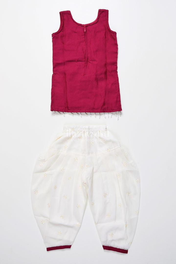 The Nesavu Girls Dothi Sets Maroon and Ivory Embroidered Ethnic Kurti Set Nesavu Nesavu maroon embroidered kurti dhoti pants  festive wear girls