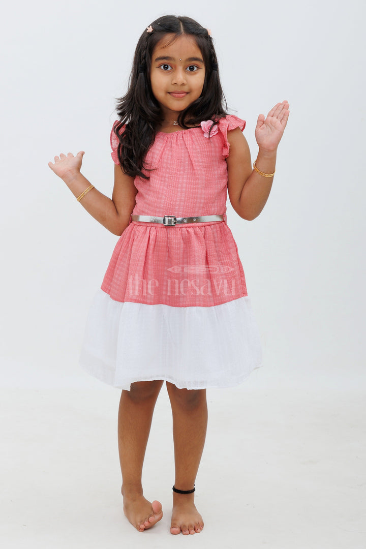 The Nesavu Girls Fancy Frock Maroon and White Puff Sleeve Frock with Rose Accent Nesavu 24 (5Y) / Maroon GFC1363A-24 Maroon and White Puff Sleeve Frock with Rose Accent - Nesavu