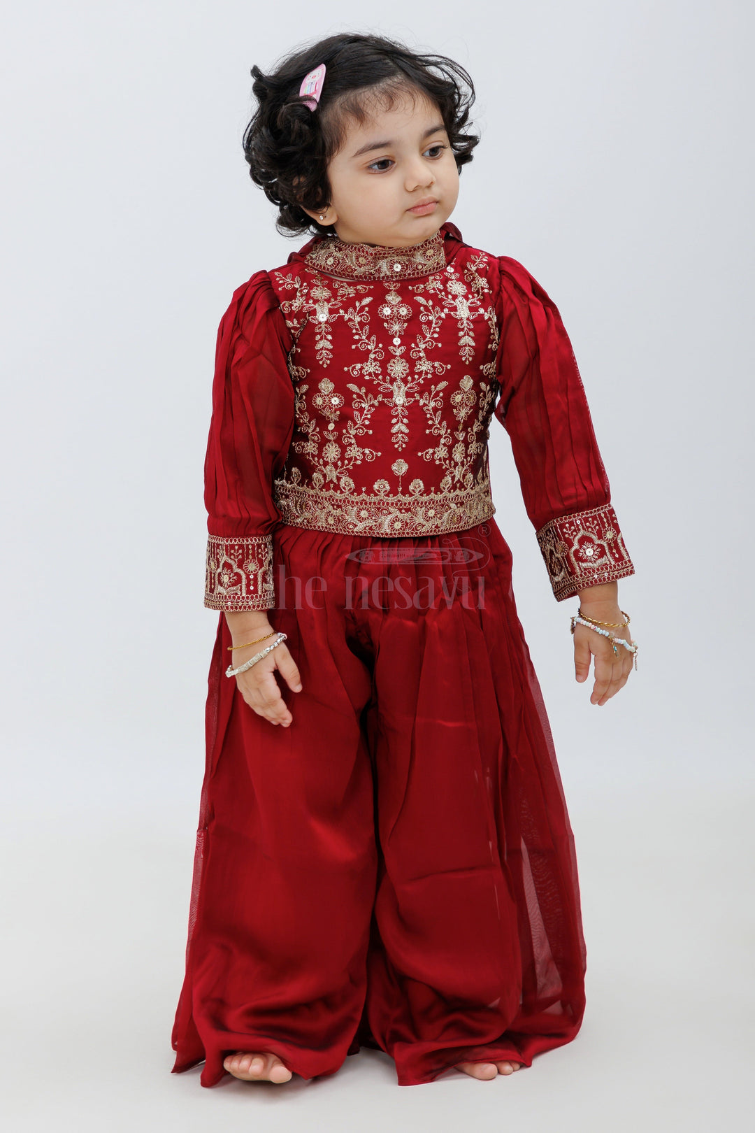 The Nesavu Girls Sharara / Plazo Set Maroon Chinon Silk Sharara Set with 34 Sleeves Nesavu Maroon Chinon Silk Sharara Set with 3/4 Sleeves - Nesavu