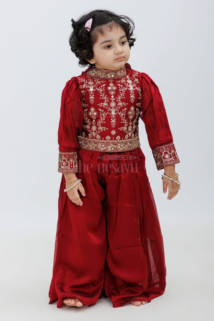 The Nesavu Girls Sharara / Plazo Set Maroon Chinon Silk Sharara Set with 34 Sleeves Nesavu Maroon Chinon Silk Sharara Set with 3/4 Sleeves - Nesavu