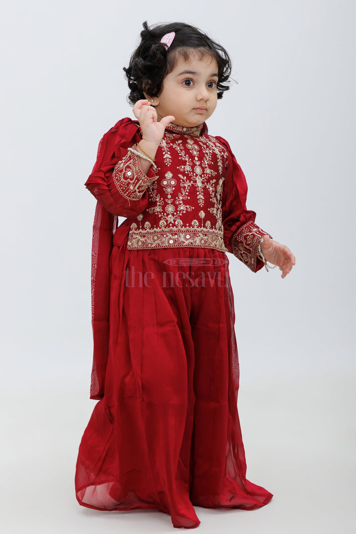 The Nesavu Girls Sharara / Plazo Set Maroon Chinon Silk Sharara Set with 34 Sleeves Nesavu Maroon Chinon Silk Sharara Set with 3/4 Sleeves - Nesavu