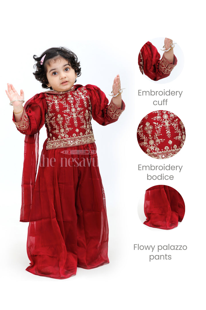 The Nesavu Girls Sharara / Plazo Set Maroon Chinon Silk Sharara Set with 34 Sleeves Nesavu Maroon Chinon Silk Sharara Set with 3/4 Sleeves - Nesavu