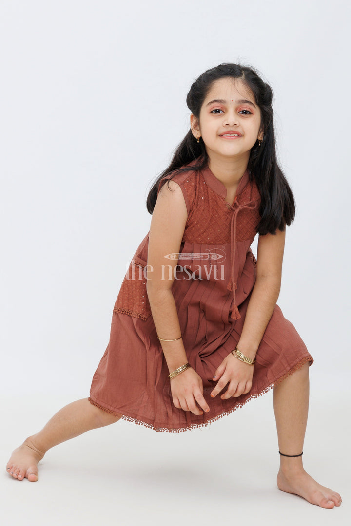 The Nesavu Girls Cotton Frock Maroon Cotton Frock with Center Box Pleats and Embroidered Yoke Line for Girls Nesavu 22 (4Y) / Maroon GFC1397A-22 Maroon Cotton Frock with Embroidered Yoke Line and Pleats for Girls Nesavu