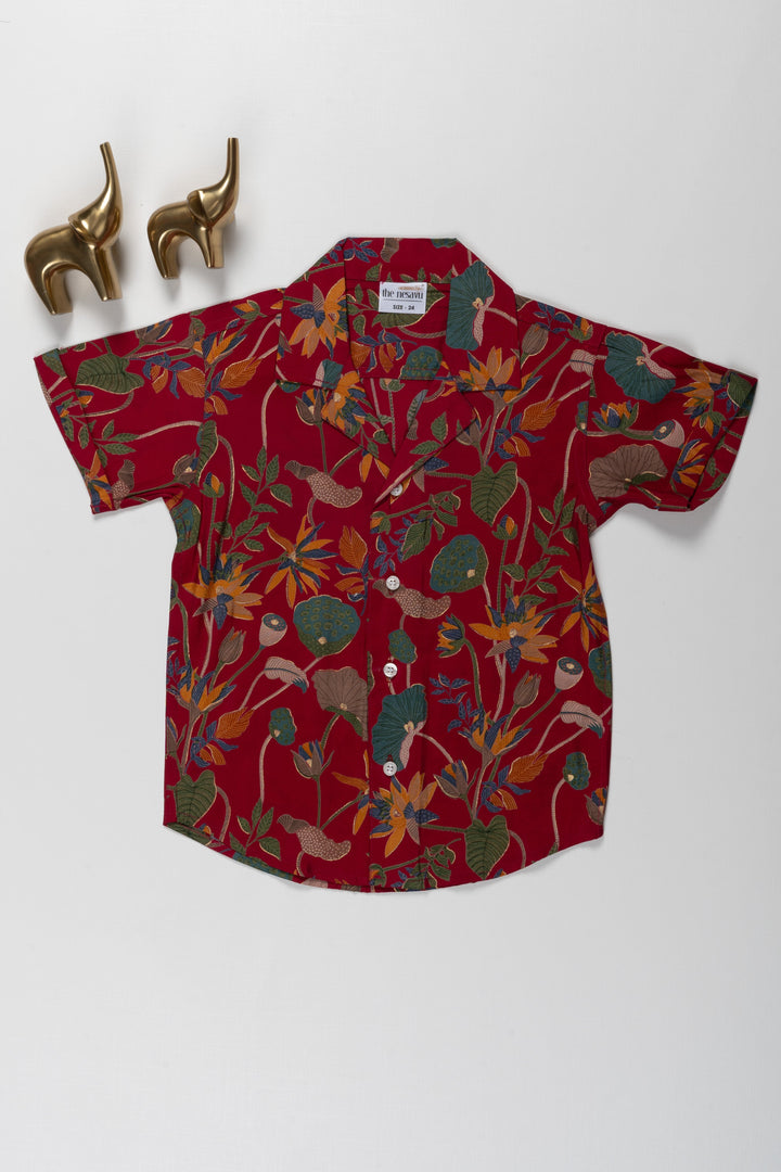 The Nesavu Boys Cotton Shirt Maroon Floral Design Shirt - Perfect for Casual and Beach Wear Nesavu 16 (1Y) / Red / Chanderi BS163A-16 Maroon Floral Design Shirt - Casual & Beach Wear for Kids