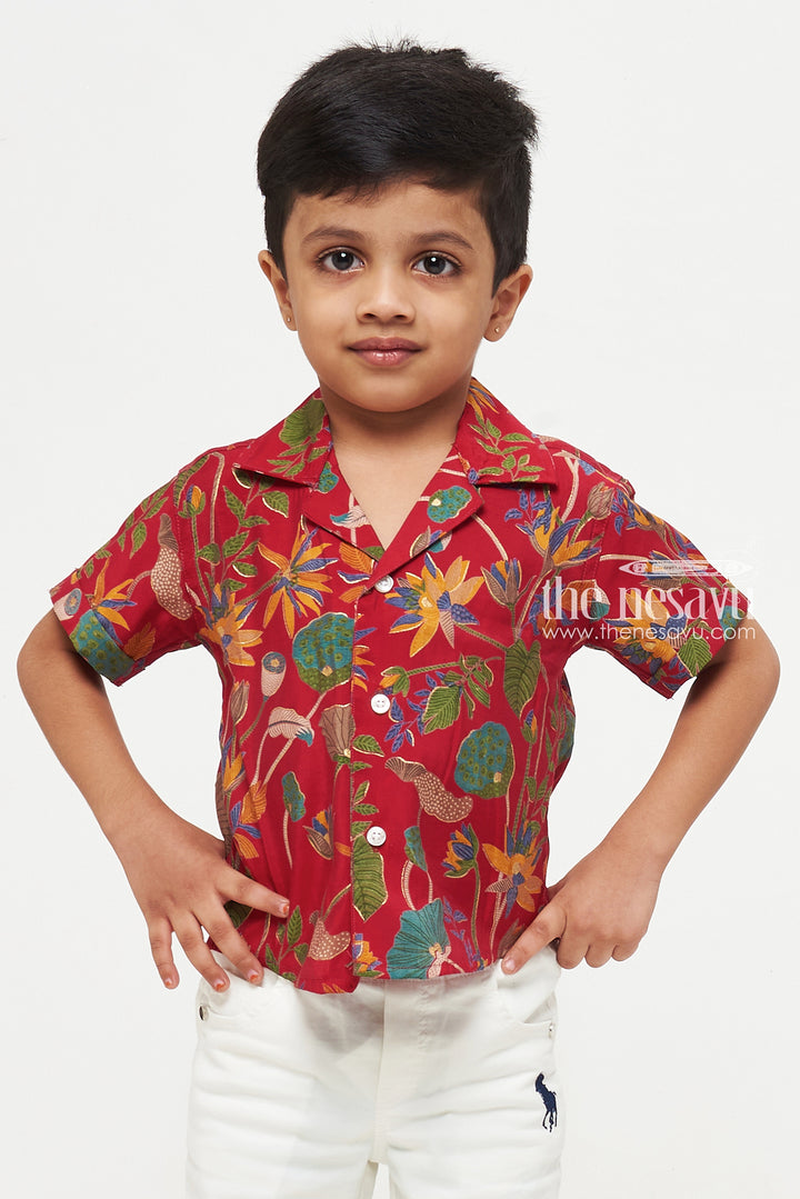 The Nesavu Boys Cotton Shirt Maroon Floral Design Shirt - Perfect for Casual and Beach Wear Nesavu Maroon Floral Design Shirt - Casual & Beach Wear for Kids