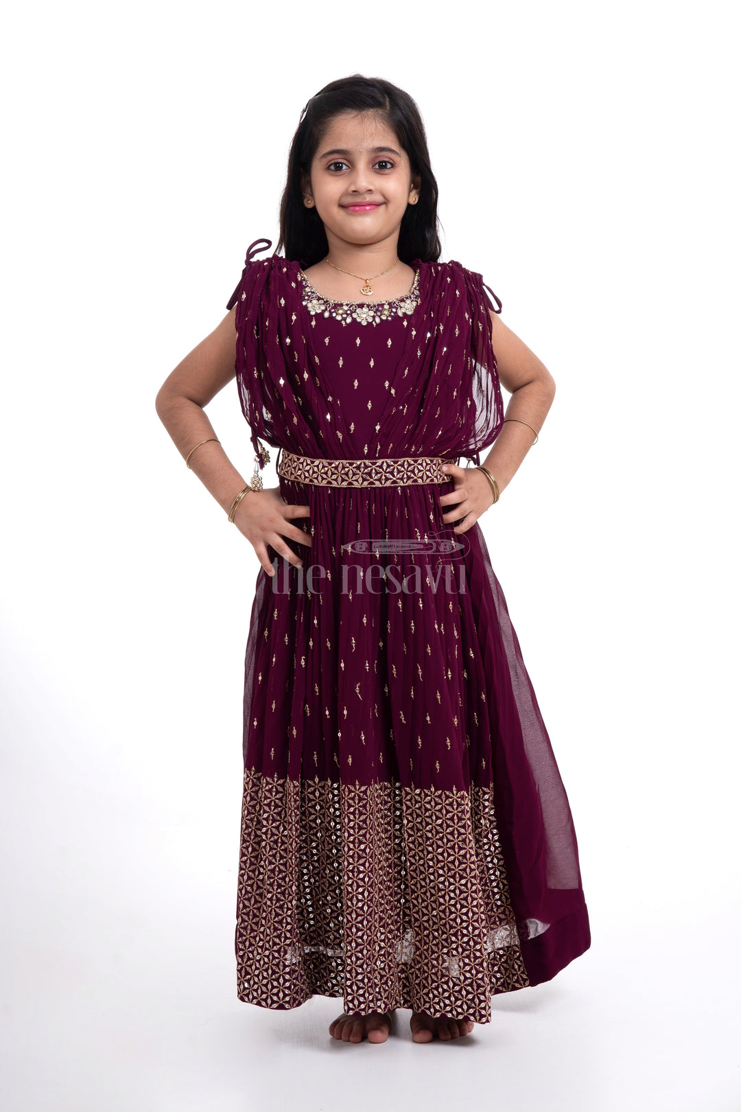 The Nesavu Girls Party Gown Maroon Georgette Embroidered Party Gown for Girls Nesavu Maroon Georgette Embroidered Party Gown for Girls - Elegant & Stylish | The Nesavu