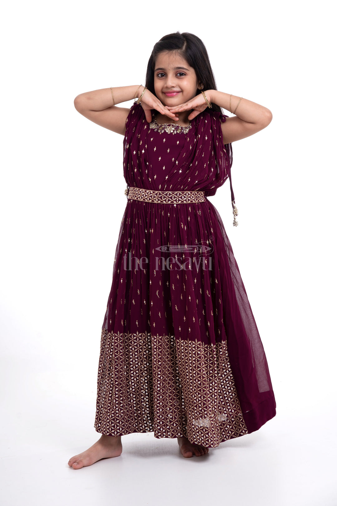 The Nesavu Girls Party Gown Maroon Georgette Embroidered Party Gown for Girls Nesavu Maroon Georgette Embroidered Party Gown for Girls - Elegant & Stylish | The Nesavu