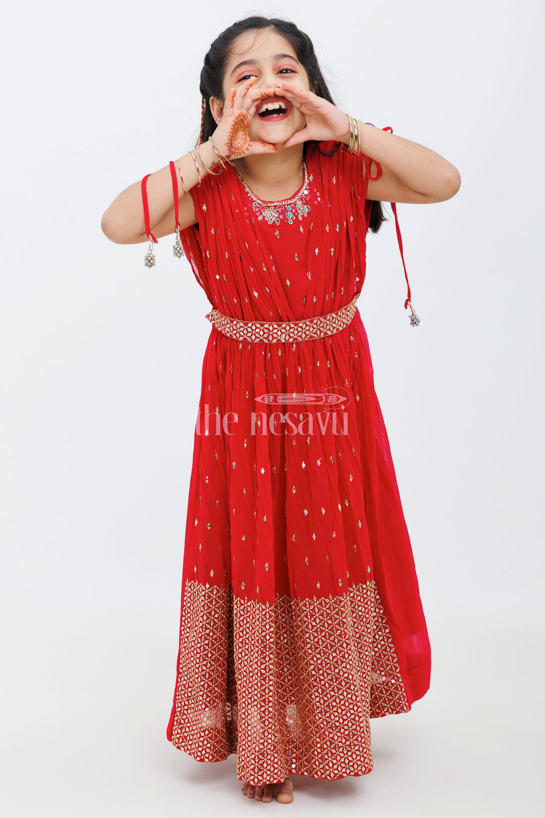 The Nesavu Girls Party Gown Maroon Georgette Embroidered Party Gown with Poncho Sleeves for Girls Nesavu 24 (5Y) / Maroon GA229B-24 Maroon Georgette Embroidered Party Gown with Poncho Sleeves for Girls Nesavu