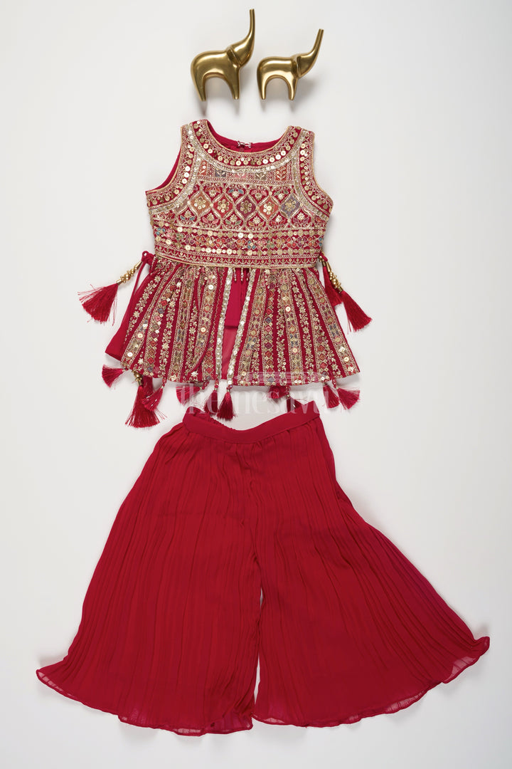 The Nesavu Girls Sharara / Plazo Set Maroon Girls Embroidered Sharara Set with Mirror-Work Sleeveless Top and Pink Dupatta Nesavu Nesavu Maroon Sharara Set Mirror-Work Top Pink Dupatta Festive Occasions