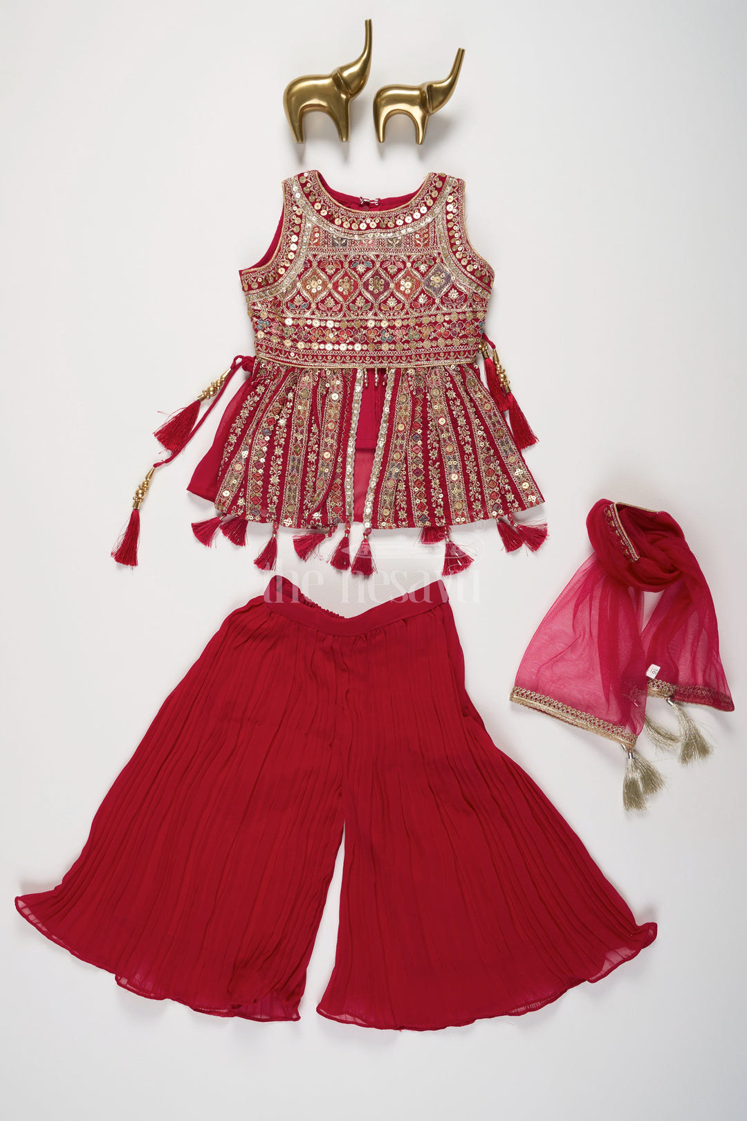 The Nesavu Girls Sharara / Plazo Set Maroon Girls Embroidered Sharara Set with Mirror-Work Sleeveless Top and Pink Dupatta Nesavu Nesavu Maroon Sharara Set Mirror-Work Top Pink Dupatta Festive Occasions