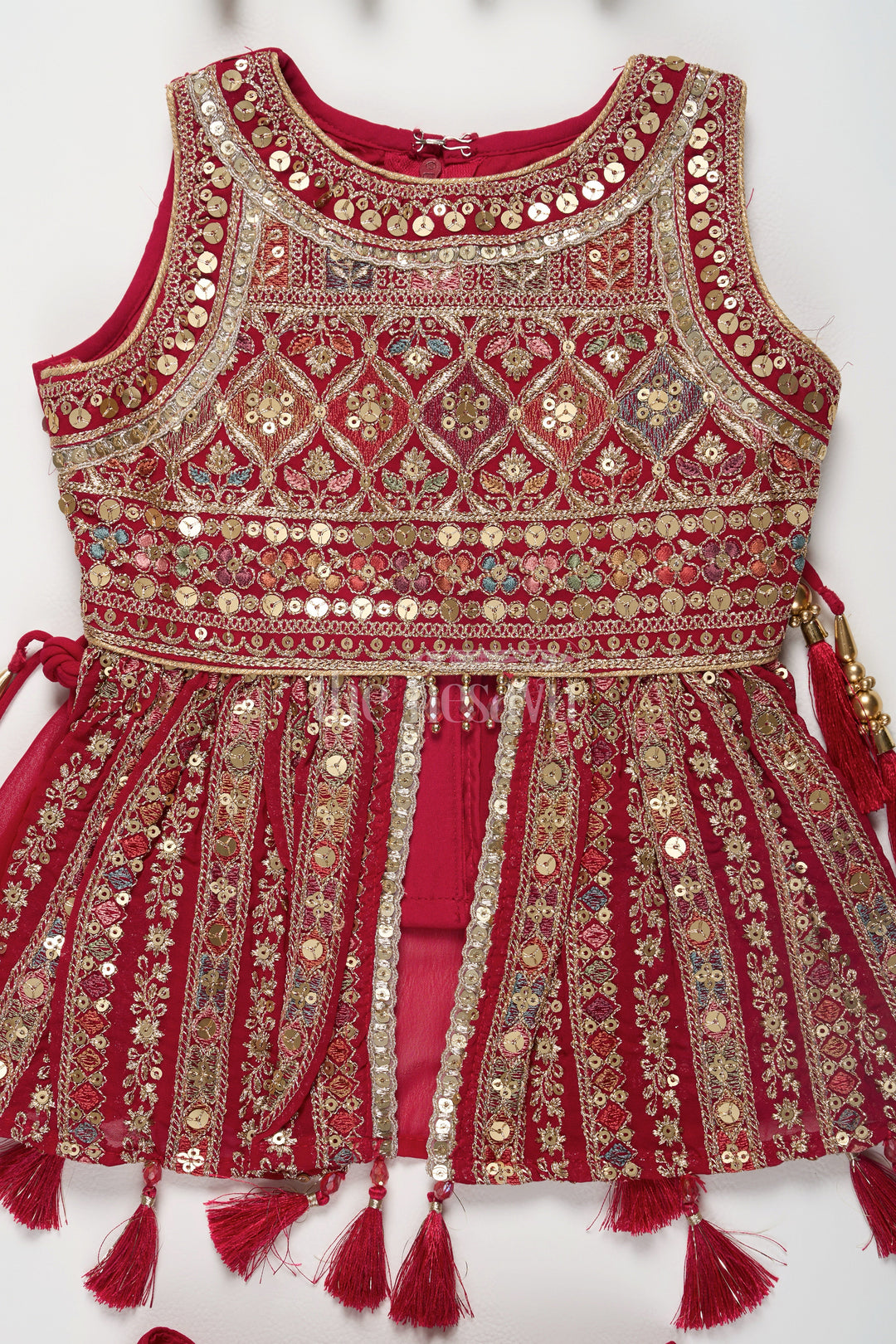 The Nesavu Girls Sharara / Plazo Set Maroon Girls Embroidered Sharara Set with Mirror-Work Sleeveless Top and Pink Dupatta Nesavu Nesavu Maroon Sharara Set Mirror-Work Top Pink Dupatta Festive Occasions