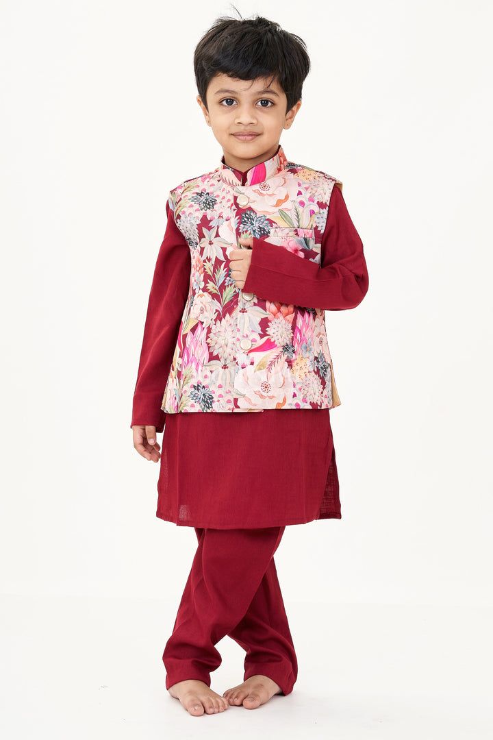 The Nesavu Boys Kurtha Set Maroon Kurta Set for Boys with Floral Digital Print Jacket in Cotton Blend Nesavu 16 (1Y) / Maroon BES688A-16 Maroon Kurta Set Boys Floral Digital Printed Jacket Cotton Blend | The Nesavu