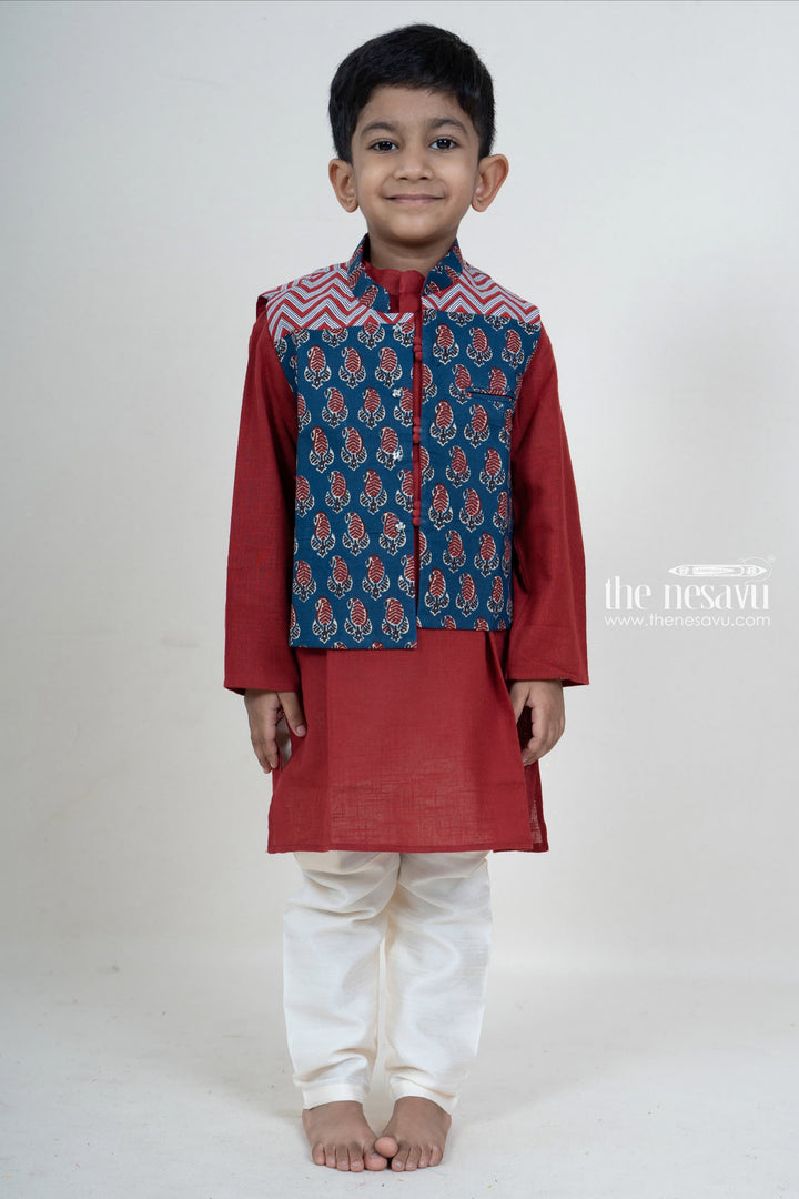 The Nesavu Boys Jacket Sets Maroon Kurta With Navy Ikkat Overcoat For Baby Boys Nesavu 16 (1Y) / Maroon / Cotton BES204-16 Shop Stylish Festive Kurta For Baby Boys | Traditional Dress Designs | The Nesavu